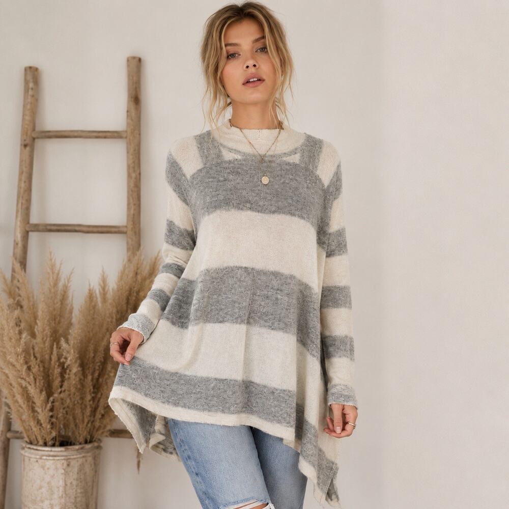 Free People Alpaca Blend Stripe Oversized Lafayette Tunic Sweater Mock Neck XS/S